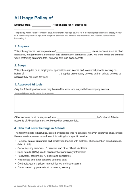 Preview: first page of the AI usage policy template with fields for company name, responsible person and approved AI tools